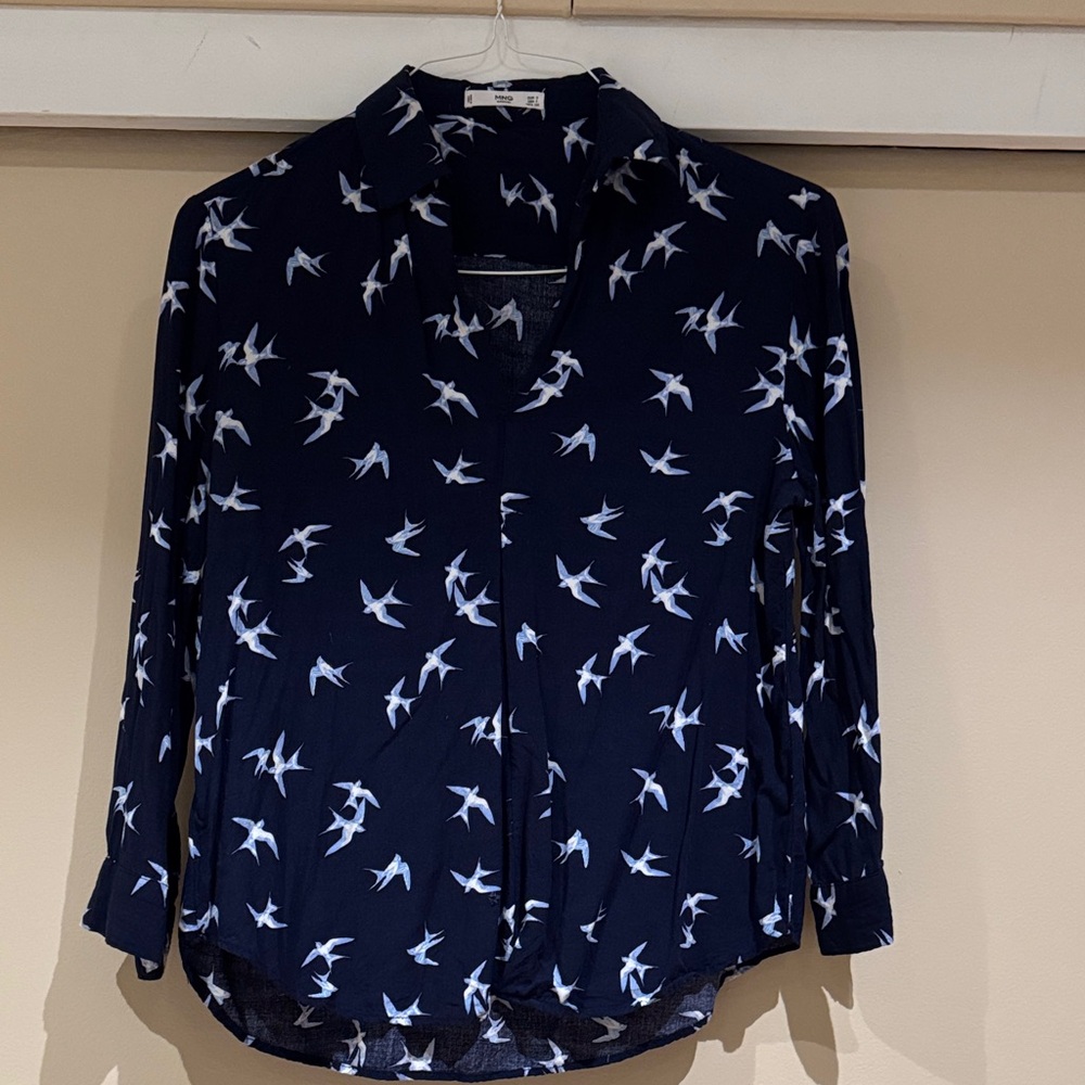 MANGO Women’s Navy Bird-Print Long Sleeve Blouse